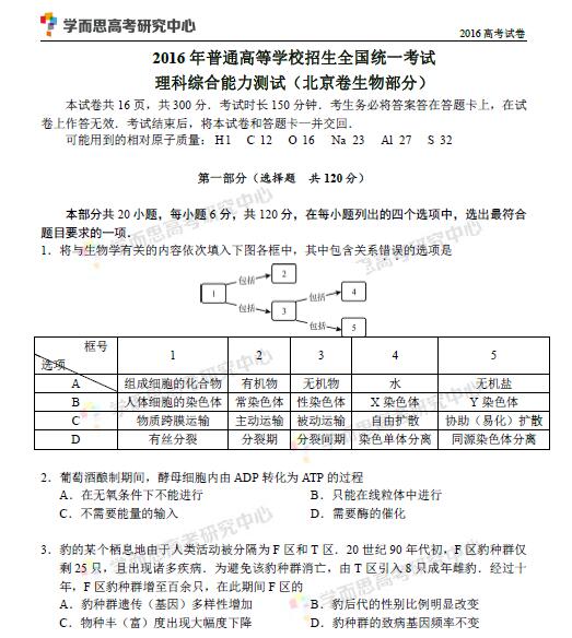 2016年北京高考理综考试之生物试卷